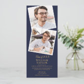 4 Foto Navy Blue en Gold Gradua Invita Kaart (Staand voorkant)