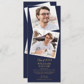 4 Foto Navy Blue en Gold Gradua Invita Kaart (Voorkant / Achterkant)