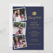 4 Foto Navy Blue Gold Graduparty nodiging Kaart (Voorkant)