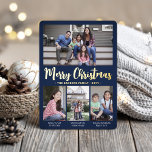 4 Foto Navy Blue Merry Christmas Moderne Collage Folie Feestdagenkaart<br><div class="desc">Verstuur stijlvolle, vrolijke groeten en deel uw favoriete afbeeldingen met een aangepaste vier fotocollage marineblauw en gouden vakantiekaart voor de folie. Alle tekst op deze sjabloon is eenvoudig aan te passen om alle formuleringen op te nemen, zoals vrolijk kerstfeest, Prettige feestdagen, seizoensgroeten, nieuwjaarschaafjes, enz. (AFBEELDING PLACEMENT TIP: een gemakkelijke manier...</div>