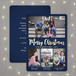 4 Foto Navy Blue Merry Christmas Moderne Collage Folie Feestdagenkaart<br><div class="desc">Verstuur stijlvolle, vrolijke groeten en deel uw favoriete afbeeldingen met een aangepaste vier fotocollage marineblauw en gouden vakantiekaart voor de folie. Alle tekst op deze sjabloon is eenvoudig aan te passen om alle formuleringen op te nemen, zoals vrolijk kerstfeest, Prettige feestdagen, seizoensgroeten, nieuwjaarschaafjes, enz. (AFBEELDING PLACEMENT TIP: een gemakkelijke manier...</div>
