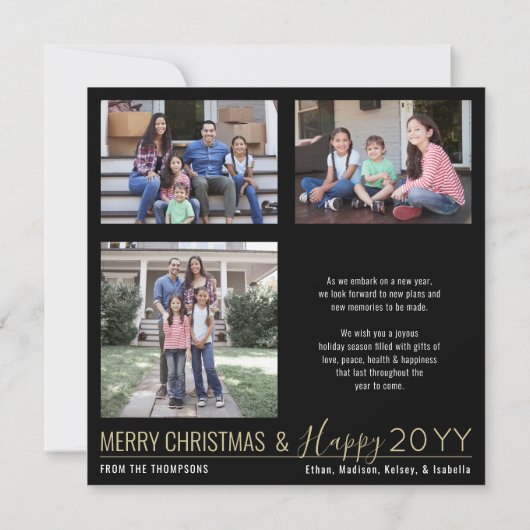 4 foto Nieuwjaar Nieuwe Avonturen Modern Zwart Gou Feestdagenkaart (Achterkant)