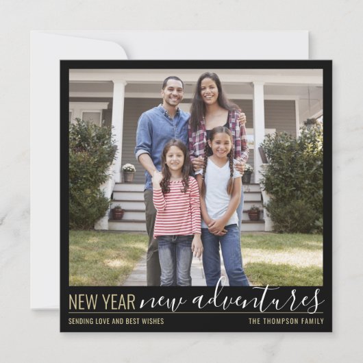 4 foto Nieuwjaar Nieuwe Avonturen Modern Zwart Gou Feestdagenkaart (Voorkant)