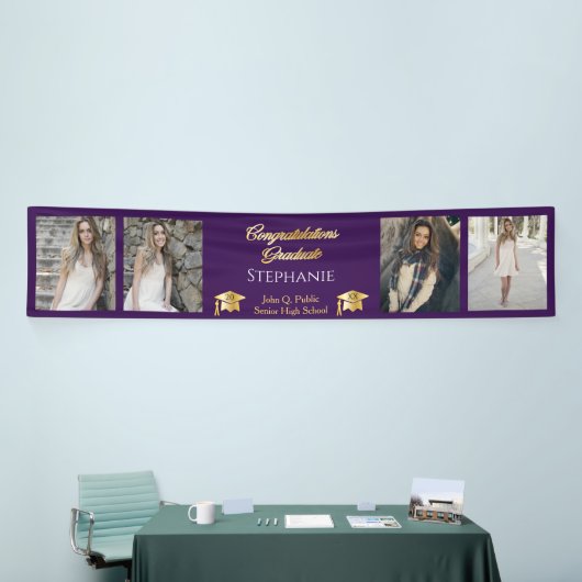 4 Foto Paars Gold Congrats Afstuderen Name School Spandoek (Beurs)