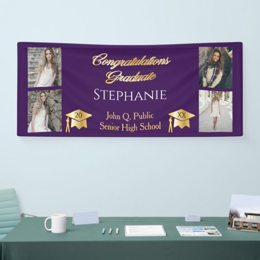 4 Foto Paars Gold Congrats Afstuderen Name School Spandoek (Beurs)