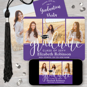 4 Foto Paarse en witte script afstudeerfeest Kaart