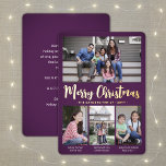 4 Foto Paarse Vrolijk Kerstfeest Moderne Collage Folie Feestdagenkaart<br><div class="desc">Verstuur stijlvolle, vrolijke groeten en deel uw favoriete afbeeldingen met een aangepaste vier fotocollage paarse en gouden vakantiekaart voor de folie. Alle tekst op deze sjabloon is eenvoudig aan te passen om alle formuleringen op te nemen, zoals vrolijk kerstfeest, Prettige feestdagen, seizoensgroeten, nieuwjaarschaafjes, enz. (AFBEELDING PLACEMENT TIP: een gemakkelijke manier...</div>