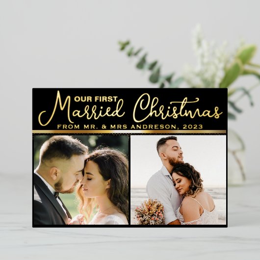 4 Foto Passen getrouwd 1e gehuwd kerstscript Folie Feestdagenkaart (Staand Voorkant)