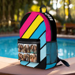 4 Foto Retro streep patroon cmyk met naam Bedrukte Rugzak<br><div class="desc">Een retro streep patroon met op kunst geïnspireerde kleuren en een minimaal patroon. Voeg je favoriete foto's toe aan deze leuke memory keeper. De grote strepen die diagonaal lopen zijn een funky cmyk combinatie met felle kleuren. Een artistieke manier om je beste foto's te tonen.</div>