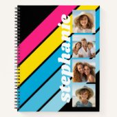 4 foto retro streeppatroon cmyk script naam notitieboek (Voorkant)