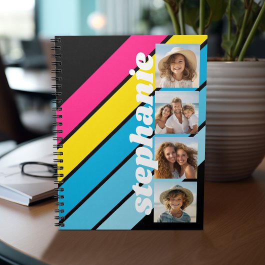 4 foto retro streeppatroon cmyk script naam notitieboek