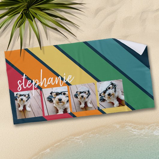 4 foto retro streeppatroon regenboog script naam strandlaken