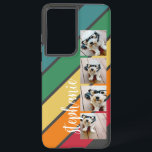 4 Foto Retro stripe patroon regenboog - Script Nam Samsung Galaxy Hoesje<br><div class="desc">Voeg 4 foto's aan dit de stripontwerp met een kleurrijke achtergrond toe. Een kleurrijk, retro stripe ontwerp met een donkergrijze achtergrond. De strepen zijn rood, oranje, geel, groen en lichtblauw. Voeg jouw naam of monogram toe om dit tot een persoonlijk hoesje te maken dat zal opvallen onder je vrienden. De...</div>