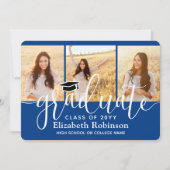 4 Foto Royal Blue & White Script Afstudeerfeest Kaart (Voorkant)