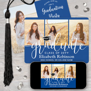 4 Foto Royal Blue & White Script Afstudeerfeest Kaart