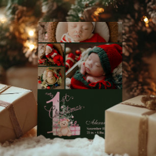 4 Foto Roze Groene Baby Eerste Kerstmis Feestdagenkaart