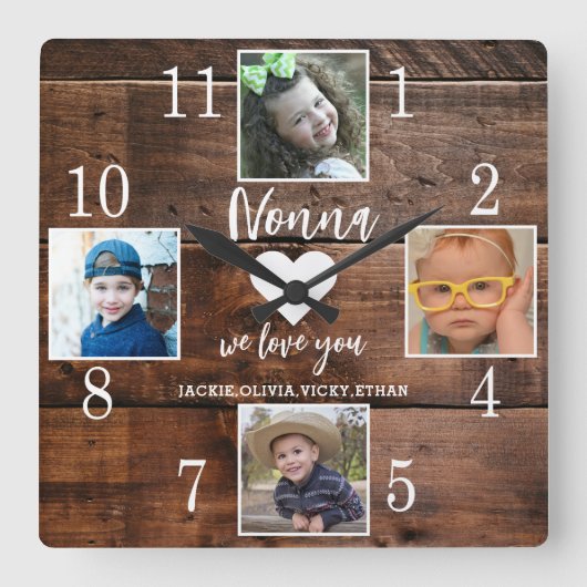 4 Foto Rustiek Bruin Hout Love You Nonna Kleinkind Vierkante Klok (Voorkant)
