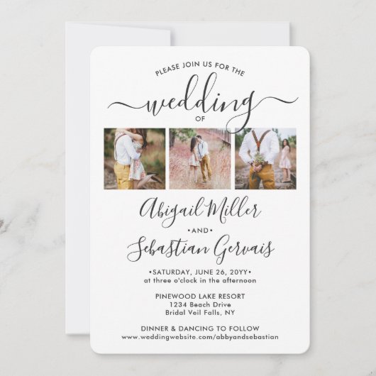 4 Foto Simple Modern Calligraphy Elegant Wedding Kaart (Voorkant)