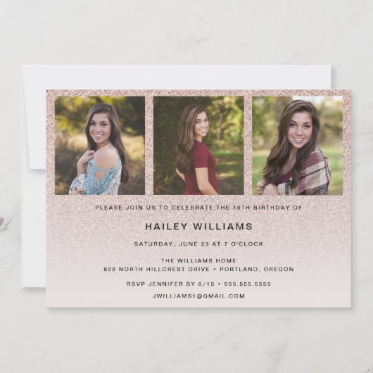 4 Foto Trendy Pink Chic Sweet 16 Party Kaart (Achterkant)