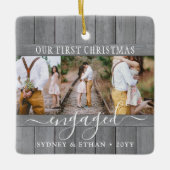 4 Foto Verloving 1e kerstgrijs faux hout Keramisch Ornament (Voorkant)