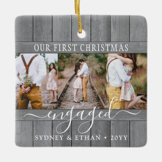 4 Foto Verloving 1e kerstgrijs faux hout Keramisch Ornament (Voorkant)