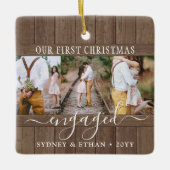 4 Foto Verloving 1e Kerstmis Rustic Faux Wood Keramisch Ornament (Voorkant)