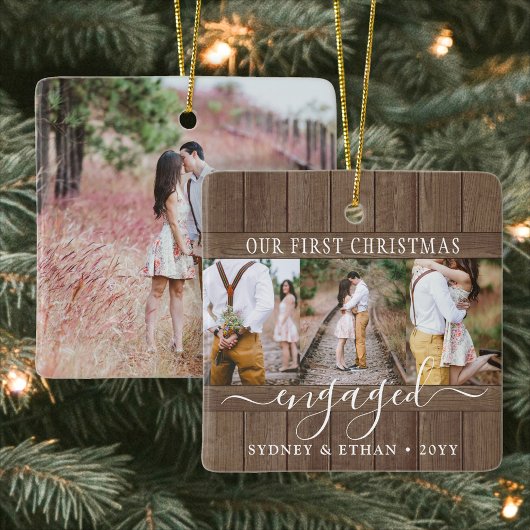 4 Foto Verloving 1e Kerstmis Rustic Faux Wood Keramisch Ornament