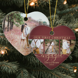 4 Foto voor eerste kerstmis: Burgundy Red Heart Keramisch Ornament