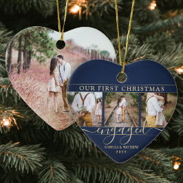 4 Foto voor eerste kerstmis: marine & Gold Heart Keramisch Ornament