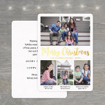 4 Foto Vrolijk Kerstmis Modern Script Kalligrafie Folie Feestdagenkaart<br><div class="desc">Stuur stijlvolle vreugdevolle groeten en deel een aantal favoriete afbeeldingen met een aangepaste vier foto collage jaar in review folie Vrolijke kerstkaart. Alle tekst op deze sjabloon Prettige feestdagen is eenvoudig te personaliseren met elke formulering, zoals Elke foto onderaan komt met zijn eigen unieke bijschrift op maat, zodat je familie...</div>