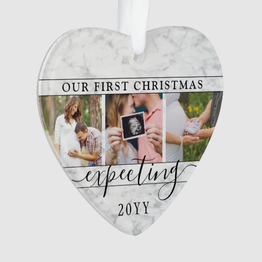 4 Foto Zwangerschap Eerste Kerstmis Faux Marble He Ornament (voorkant)