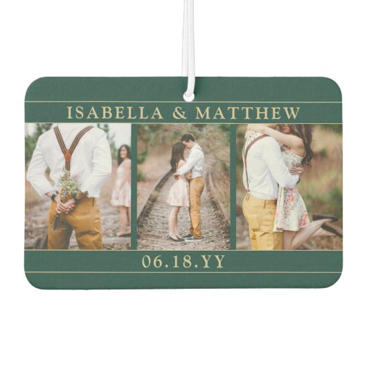 4 Fotobruiloft collage Elegant Green & Gold Heart Luchtverfrisser (Voorkant)