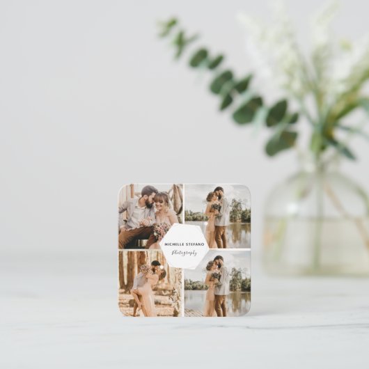 4 Fotobruiloft Collage Fotograaf QR Code Lijst Vierkante Visitekaartje (Staand voorkant)