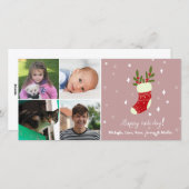 4 Fotocollage Aangepaste naam Rode Kerstmis Kous Feestdagenkaart (Voorkant / Achterkant)