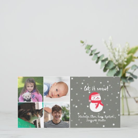 4 Fotocollage Aangepaste naam Schattigee Sneeuwman Feestdagenkaart (Staand voorkant)