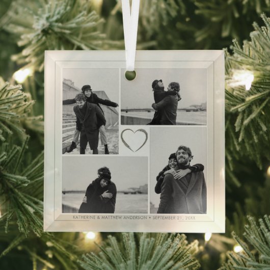 4 Fotocollage Bruiloft Jubileum Naam & Datum Glas Ornament (Insitu)