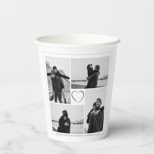 4 Fotocollage Bruiloft Jubileum Naam & Datum Papieren Bekers (Achterkant)