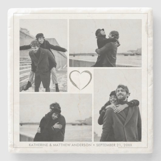 4 Fotocollage Bruiloft Jubileum Naam & Datum Stenen Onderzetter (Voorkant)