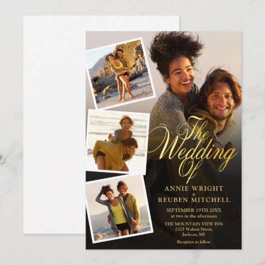 4 Fotocollage Elegant Gold Script Wedding Kaart (Voorkant / Achterkant)