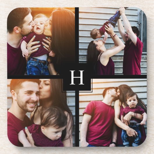 4-Fotocollage en -monogram Bier Onderzetter (Voorkant)