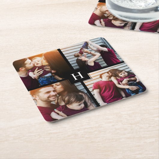 4-Fotocollage en -monogram Kartonnen Onderzetters (Schuin)
