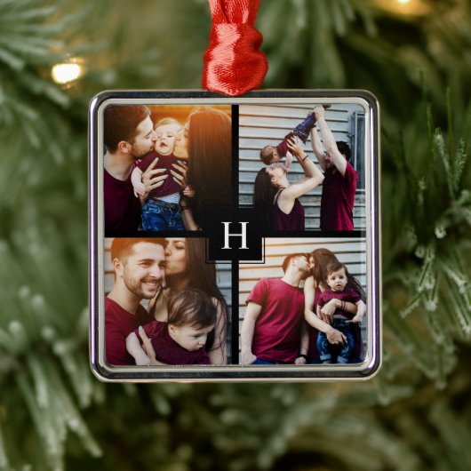 4-Fotocollage en -monogram Metalen Ornament (Boom)