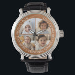 4 Fotocollage met kromming Aangepaste tekst Rond Horloge<br><div class="desc">Voeg 4 foto's en tekst toe om een speciale aandenken te maken voor een vriend of een familie-evenement. De rand en achtergrond kunnen worden gewijzigd in het geavanceerde ontwerpgebied. Gebruik je vierkante Instagram foto's voor de beste resultaten! OM DE ACHTERGROND TE WIJZIGEN - klik op het aangepaste of geavanceerde ontwerpgebied...</div>
