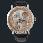 4 Fotocollage met kromming Aangepaste tekst Rond Horloge<br><div class="desc">Voeg 4 foto's en tekst toe om een speciale aandenken te maken voor een vriend of een familie-evenement. De rand en achtergrond kunnen worden gewijzigd in het geavanceerde ontwerpgebied. Gebruik je vierkante Instagram foto's voor de beste resultaten! OM DE ACHTERGROND TE WIJZIGEN - klik op het aangepaste of geavanceerde ontwerpgebied...</div>