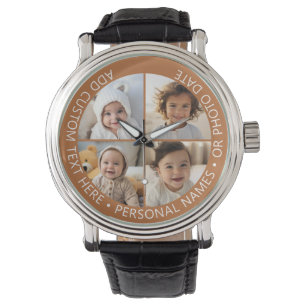 4 Fotocollage met kromming Aangepaste tekst Rond Horloge
