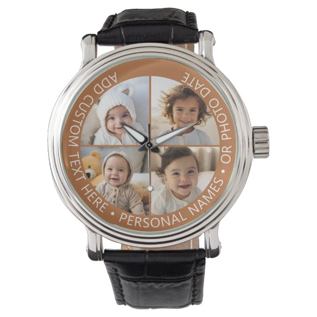 4 Fotocollage met kromming Aangepaste tekst Rond Horloge (Voorkant)