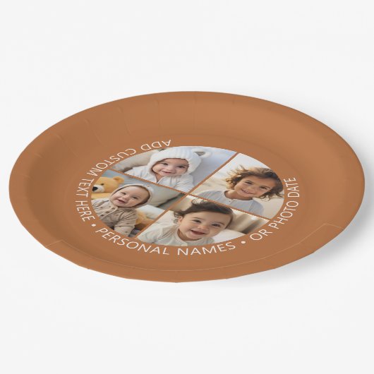 4 Fotocollage met kromming Aangepaste tekst Rond Papieren Bordje (Gekanteld)