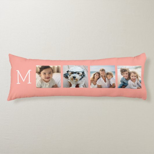 4 Fotocollage met Monogram Initiaal - Koraal Lichaamskussen (Voorkant)