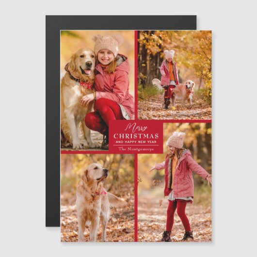 4 Fotocollage Rode Kerst Magnetische Kaarten (Voorkant / Achterkant)