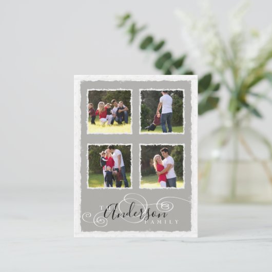 4 Fotocollage Voeg familienaam toe Grijs Briefkaart (Staand voorkant)